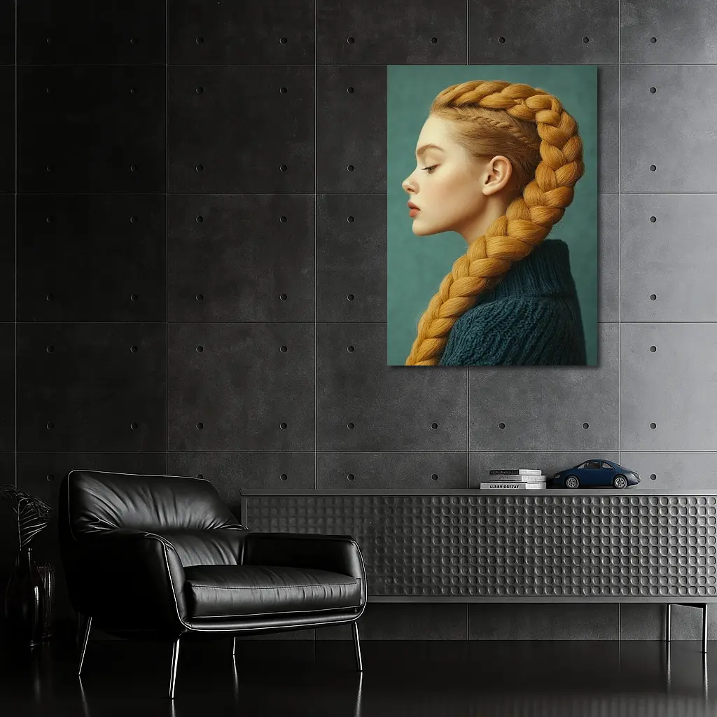 Golden Braided Hair Woman Teal Background – Wall Art
