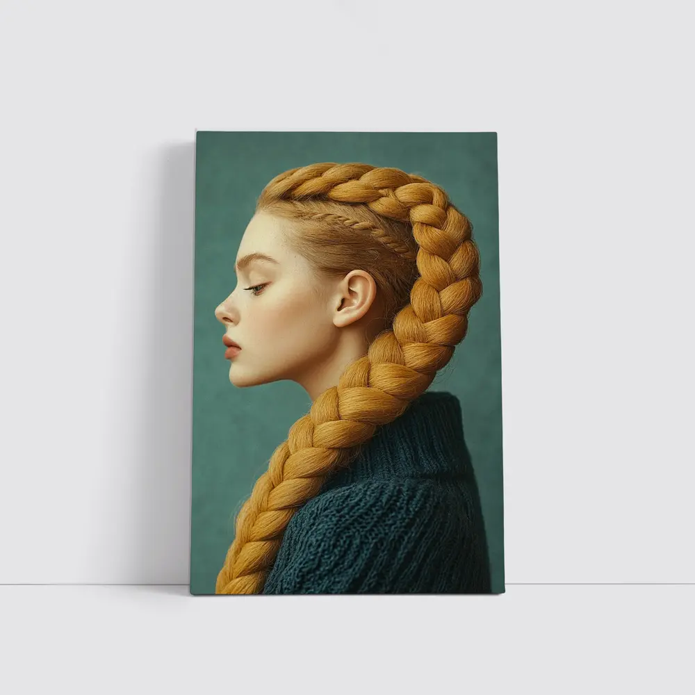 Golden Braided Hair Woman Teal Background – Wall Art