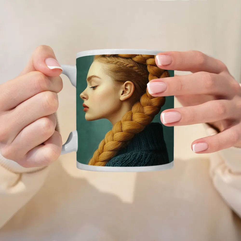 Golden Braided Hair Woman Teal Background – Mugs