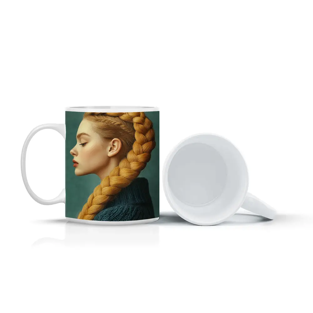 Golden Braided Hair Woman Teal Background – Mugs