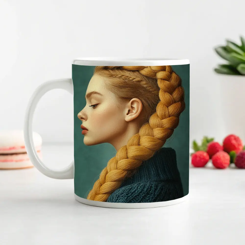 Golden Braided Hair Woman Teal Background – Mugs