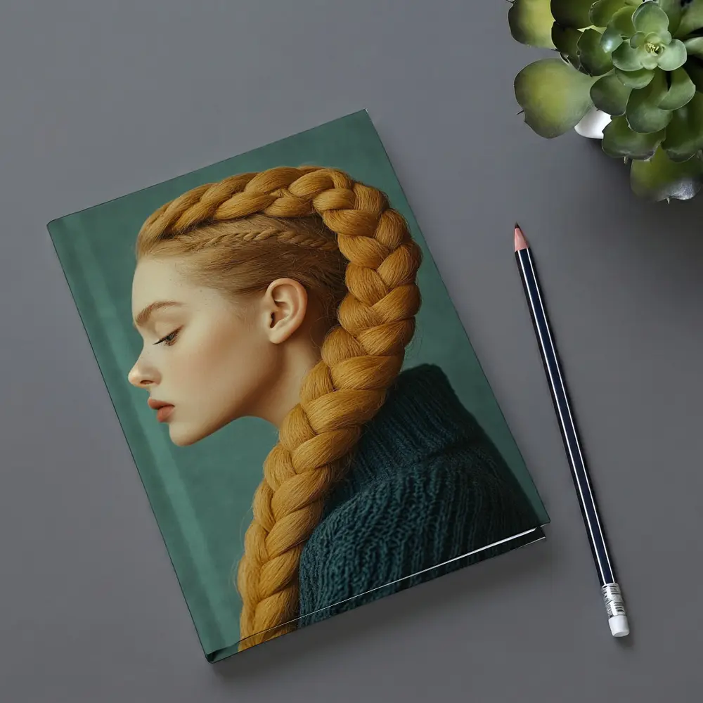 Golden Braided Hair Woman Teal Background – Notebooks