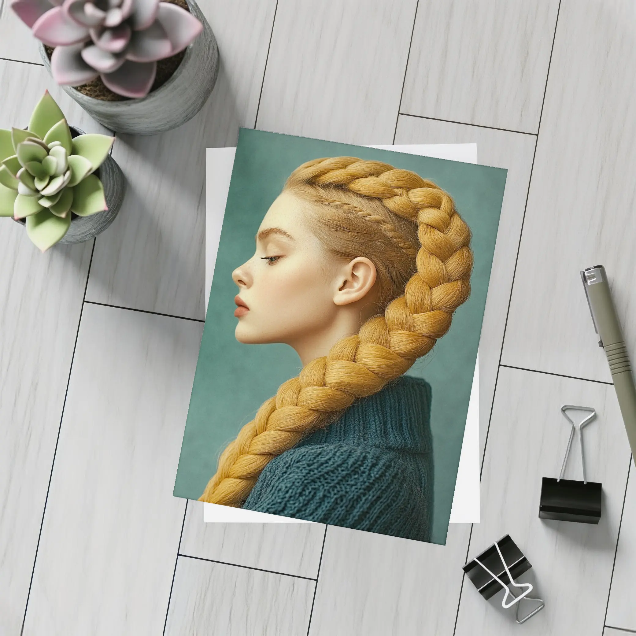 Golden Braided Hair Woman Teal Background – Postcards