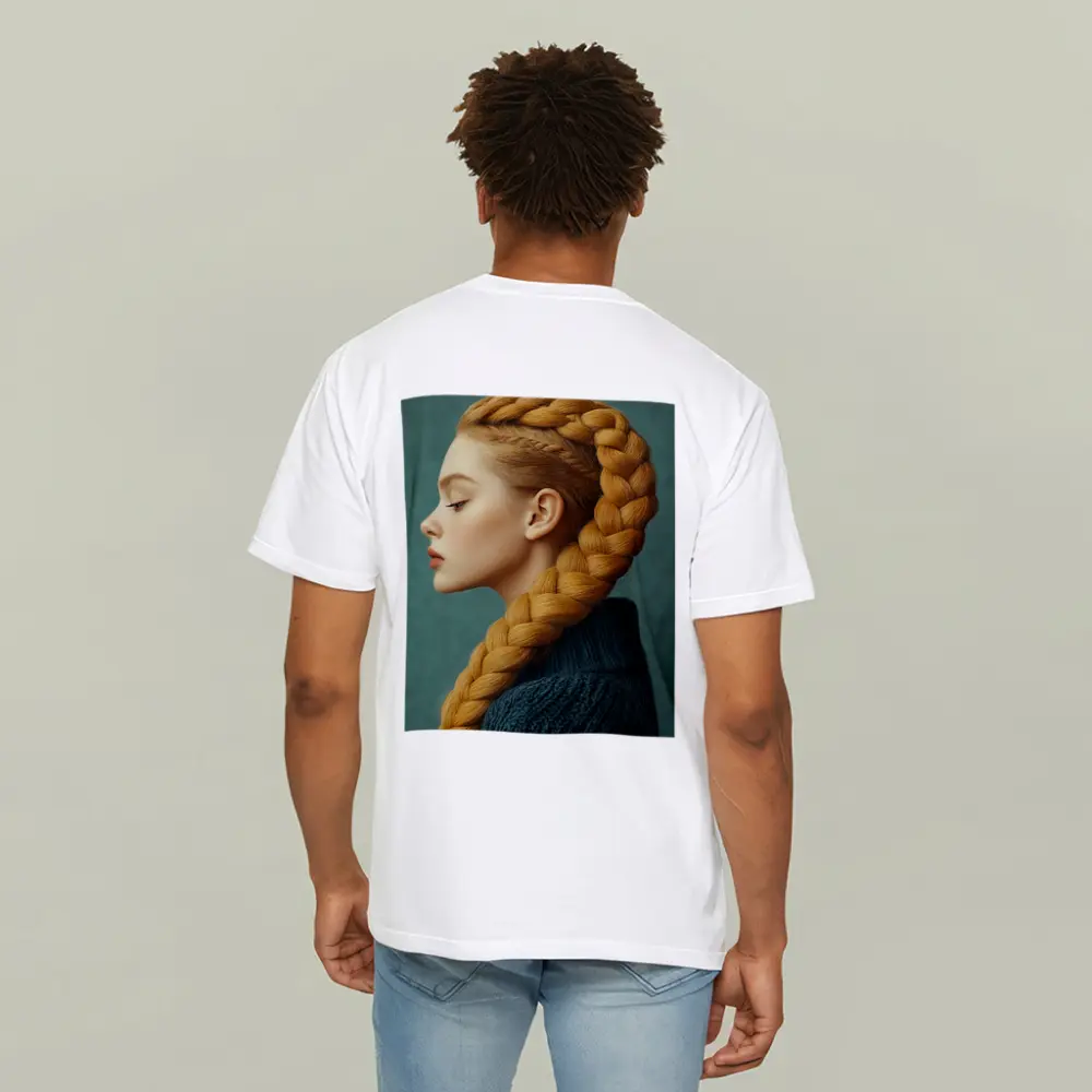 Golden Braided Hair Woman Teal Background – T-Shirts