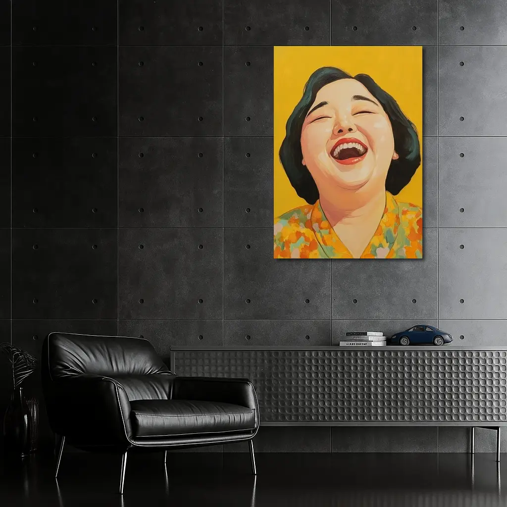 Laughing Woman Portrait Yellow Background Pop Art – Wall Art