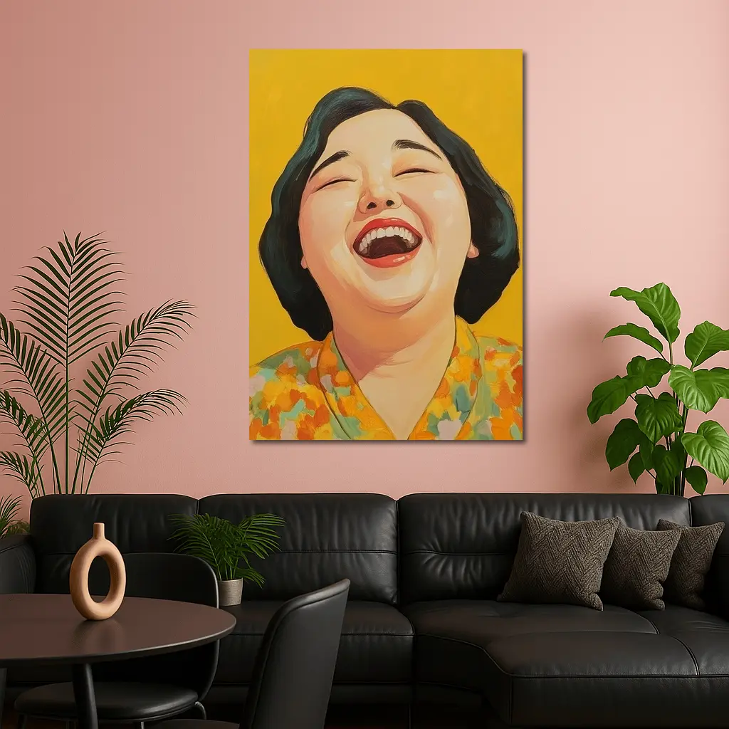 Laughing Woman Portrait Yellow Background Pop Art – Wall Art