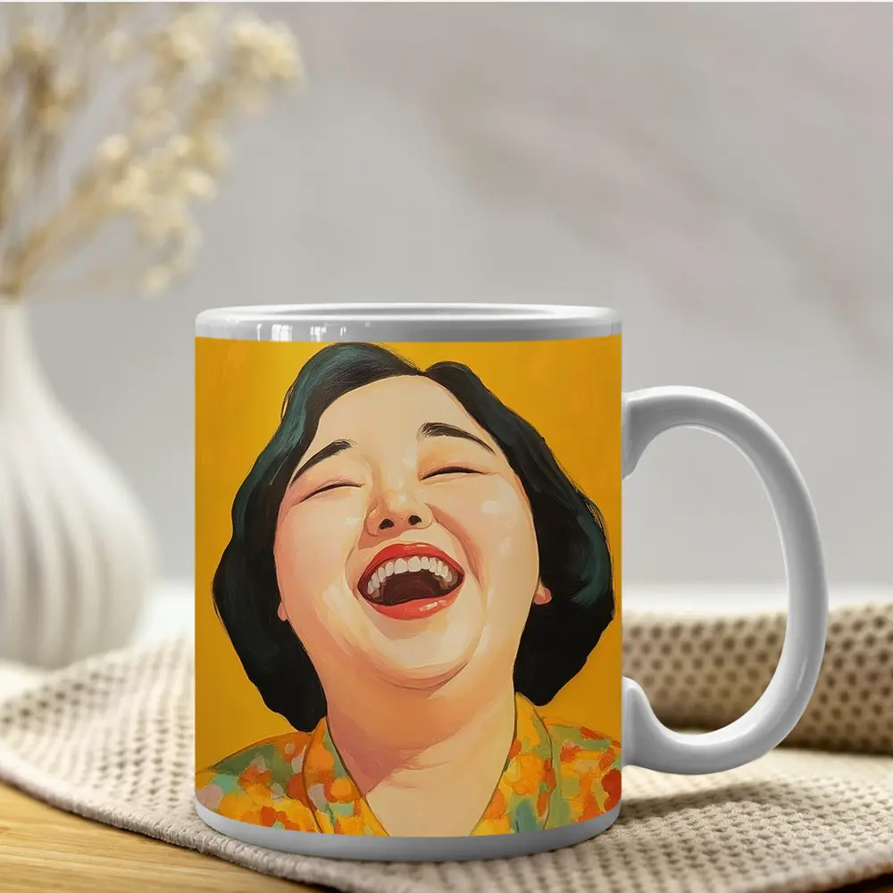 Laughing Woman Portrait Yellow Background Pop Art – Mugs