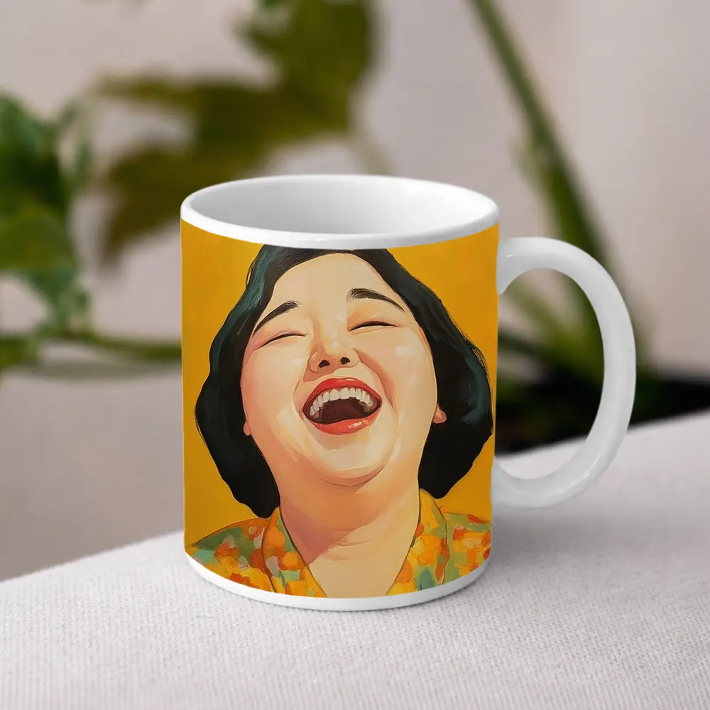 Laughing Woman Portrait Yellow Background Pop Art – Mugs