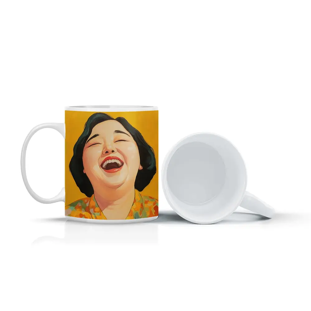 Laughing Woman Portrait Yellow Background Pop Art – Mugs