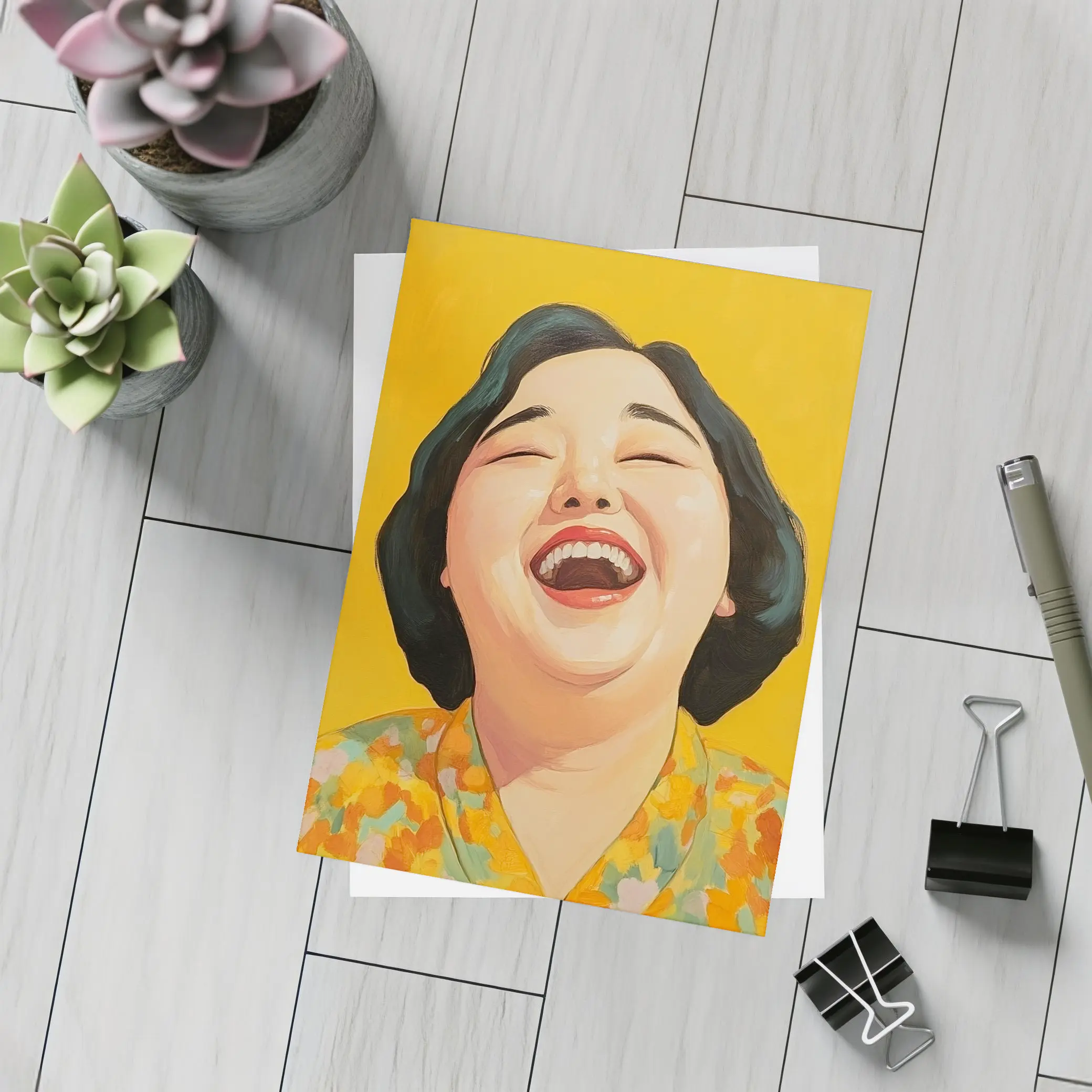 Laughing Woman Portrait Yellow Background Pop Art – Postcards