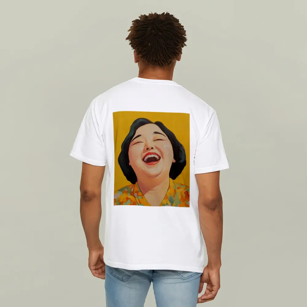 Laughing Woman Portrait Yellow Background Pop Art – T-Shirts