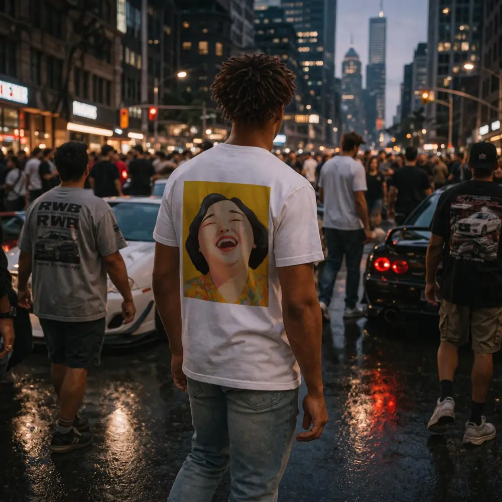 Laughing Woman Portrait Yellow Background Pop Art – T-Shirts
