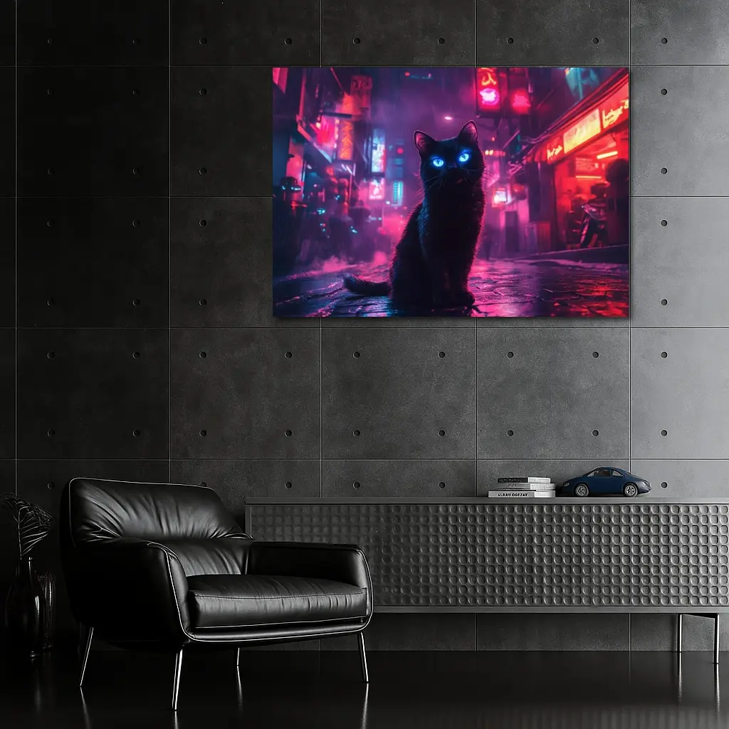 Black Cat Glowing Eyes Neon City Night – Wall Art