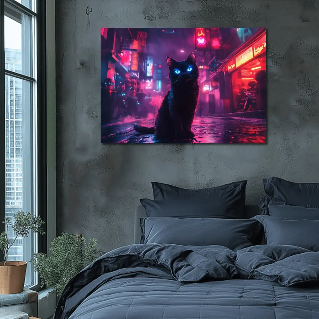 Black Cat Glowing Eyes Neon City Night – Wall Art