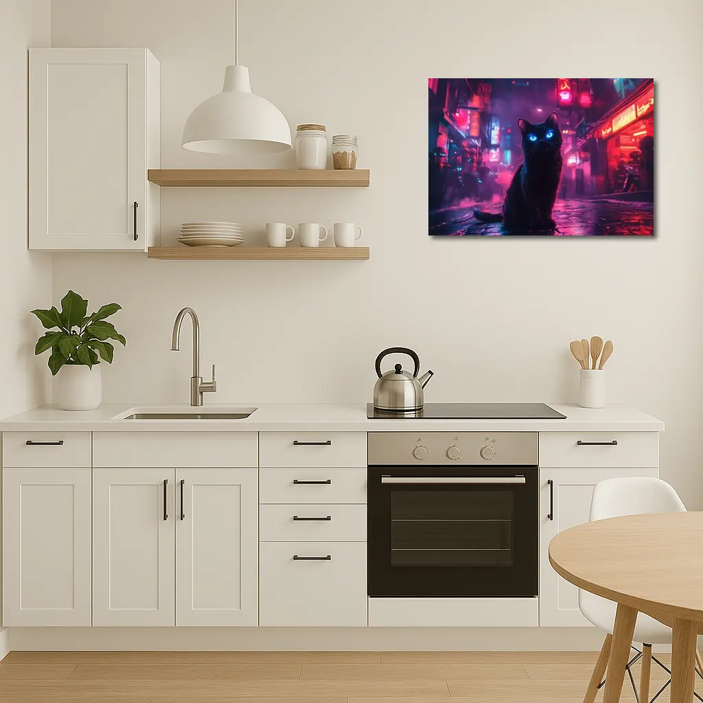 Black Cat Glowing Eyes Neon City Night – Wall Art