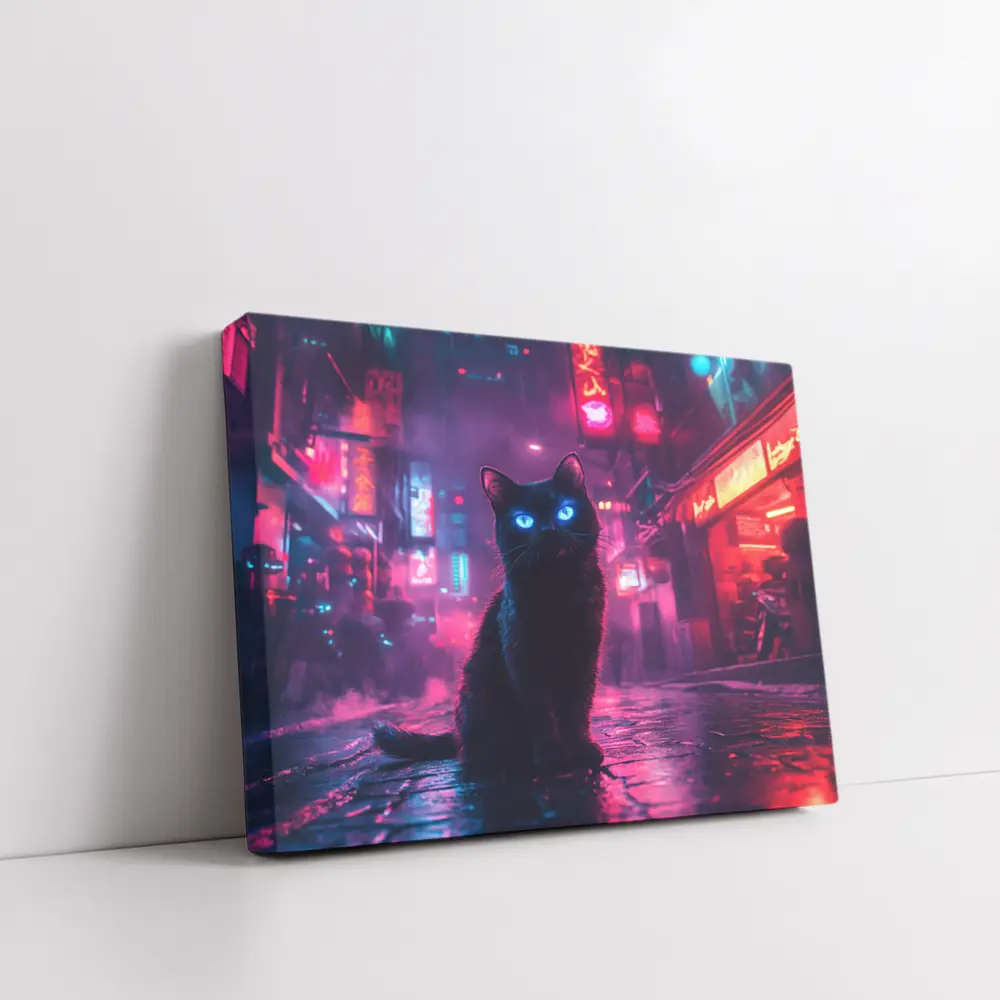 Black Cat Glowing Eyes Neon City Night – Wall Art