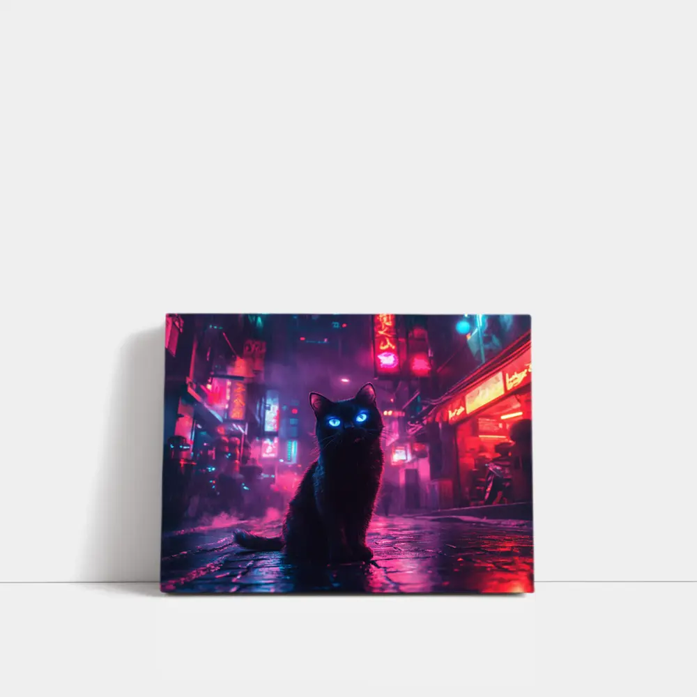 Black Cat Glowing Eyes Neon City Night – Wall Art