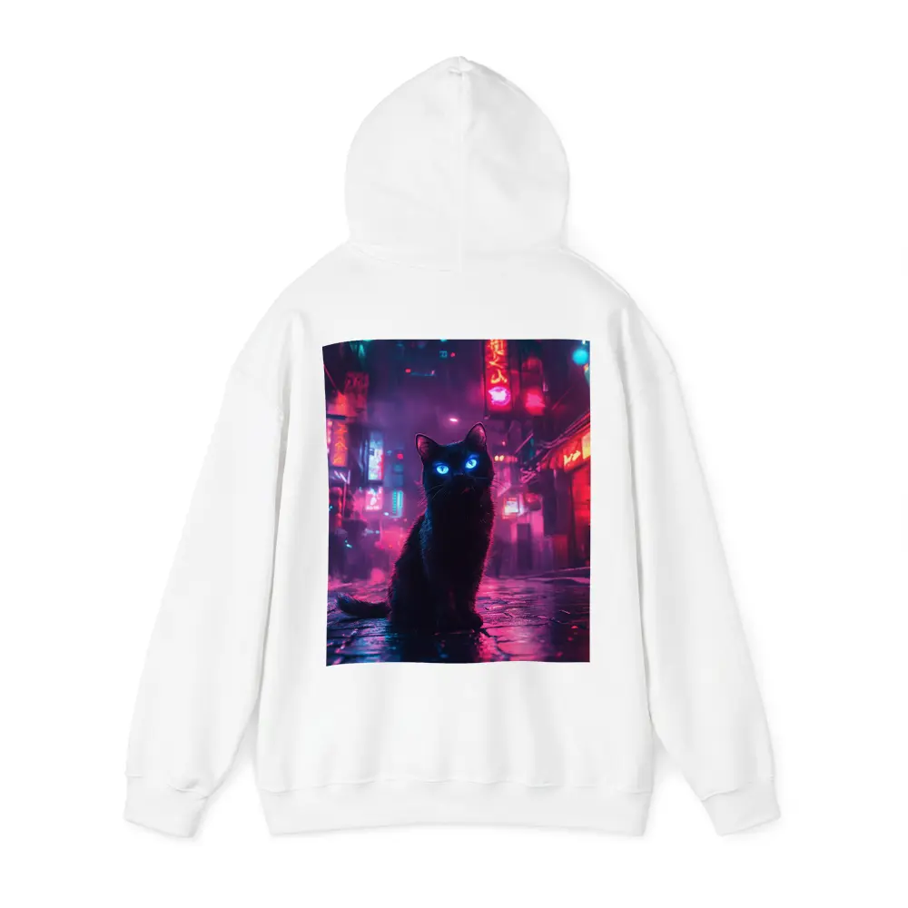 Black Cat Glowing Eyes Neon City Night – Hoodies
