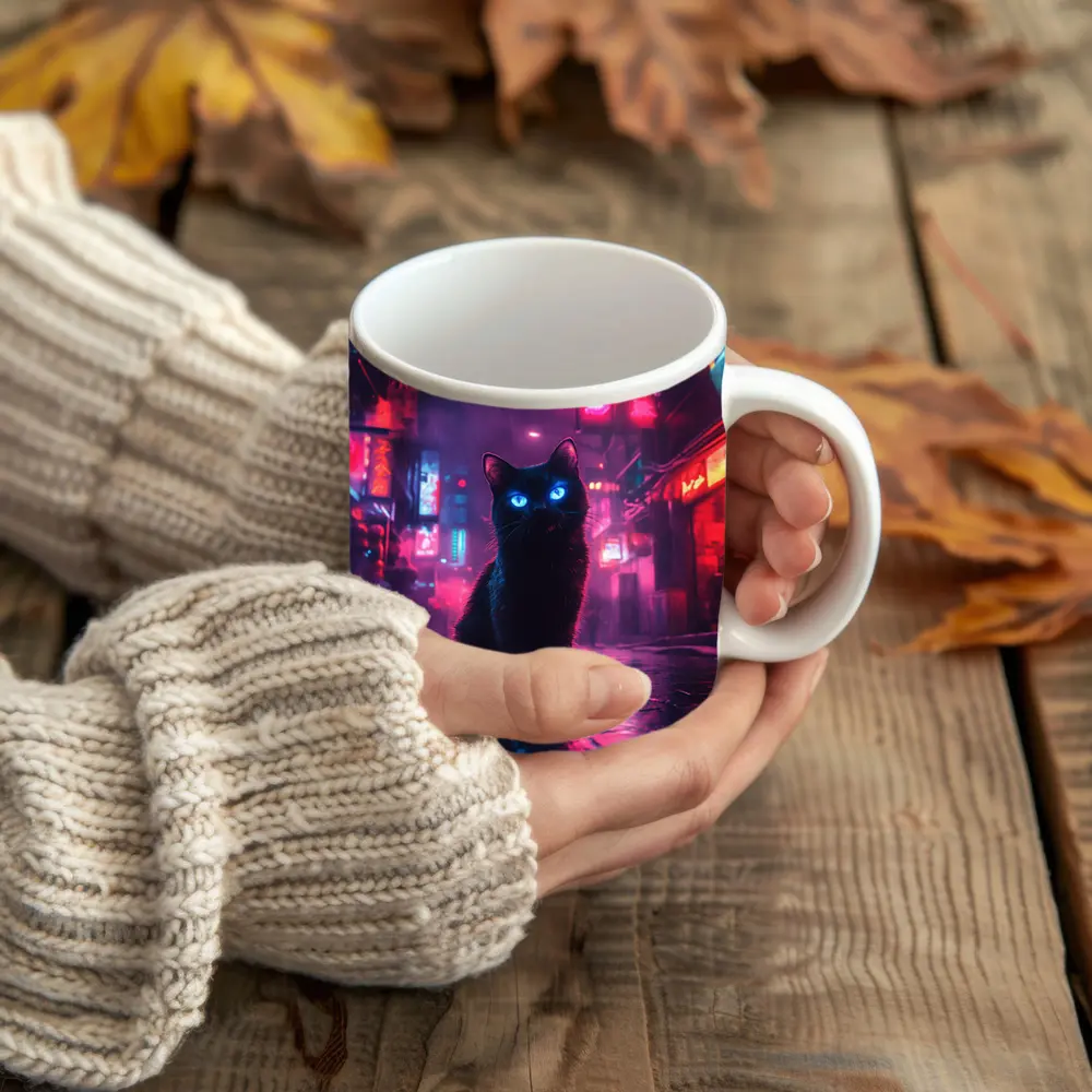 Black Cat Glowing Eyes Neon City Night – Mugs