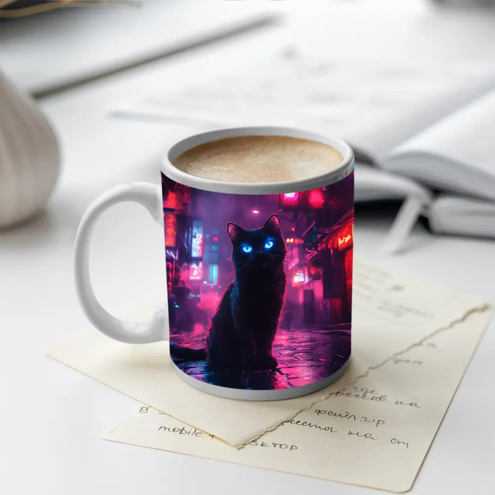 Black Cat Glowing Eyes Neon City Night – Mugs