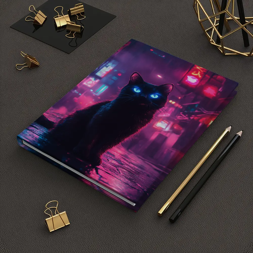 Black Cat Glowing Eyes Neon City Night – Notebooks