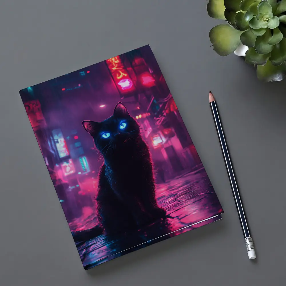 Black Cat Glowing Eyes Neon City Night – Notebooks