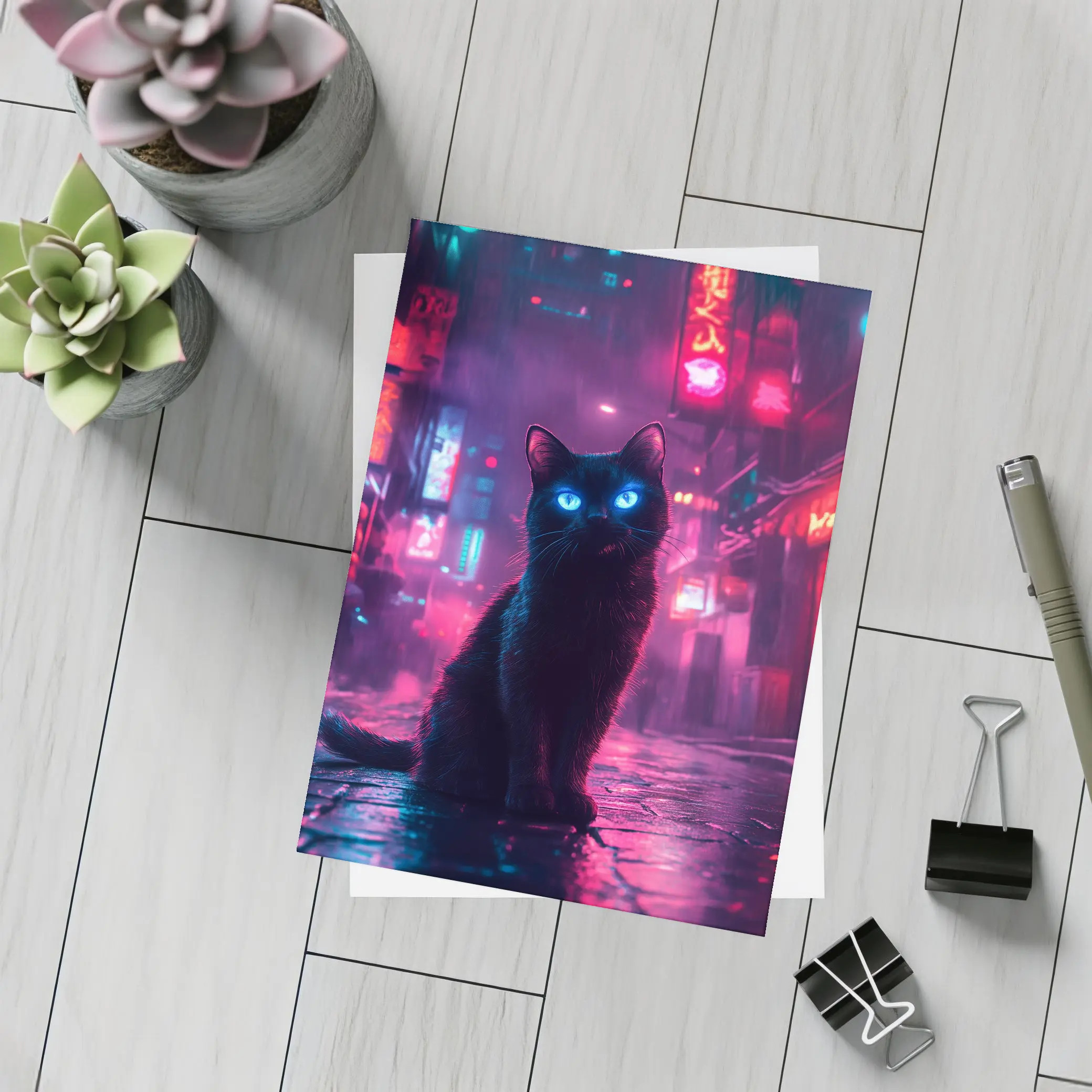 Black Cat Glowing Eyes Neon City Night – Postcards