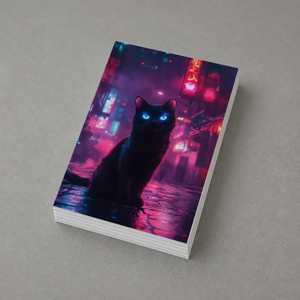 Black Cat Glowing Eyes Neon City Night – Postcards