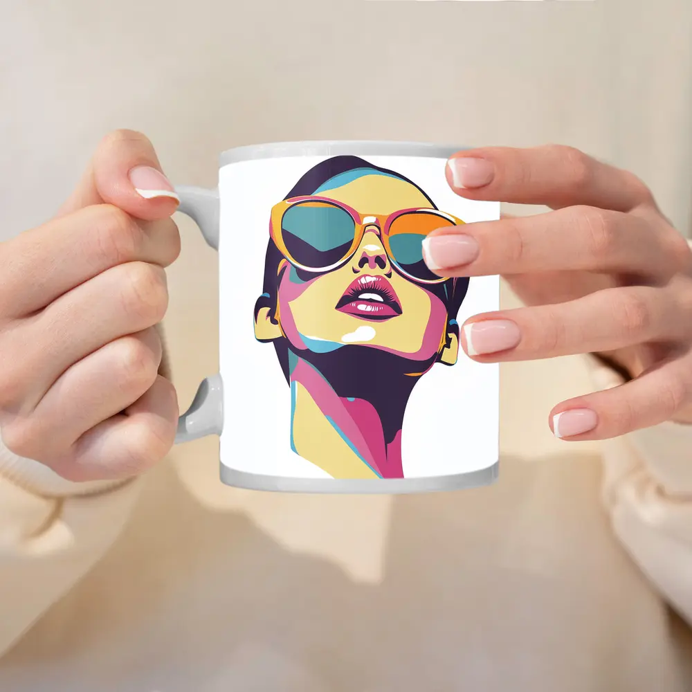 Pop Art Woman With Sunglasses White Background – Mugs