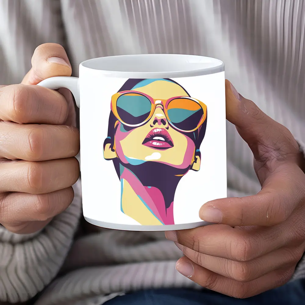Pop Art Woman With Sunglasses White Background – Mugs