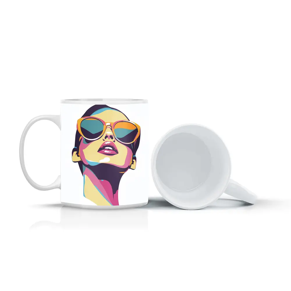 Pop Art Woman With Sunglasses White Background – Mugs