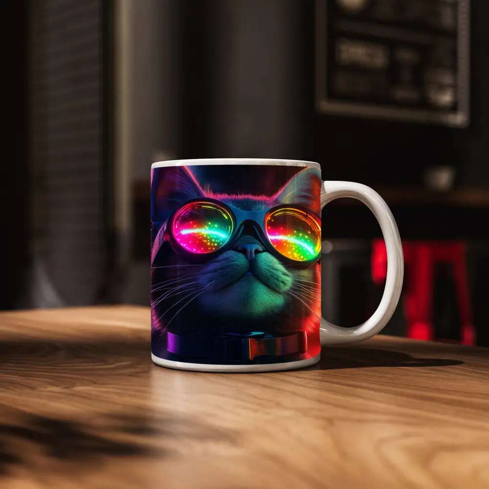 Cool Cat Neon Glasses Cyberpunk Night – Mugs
