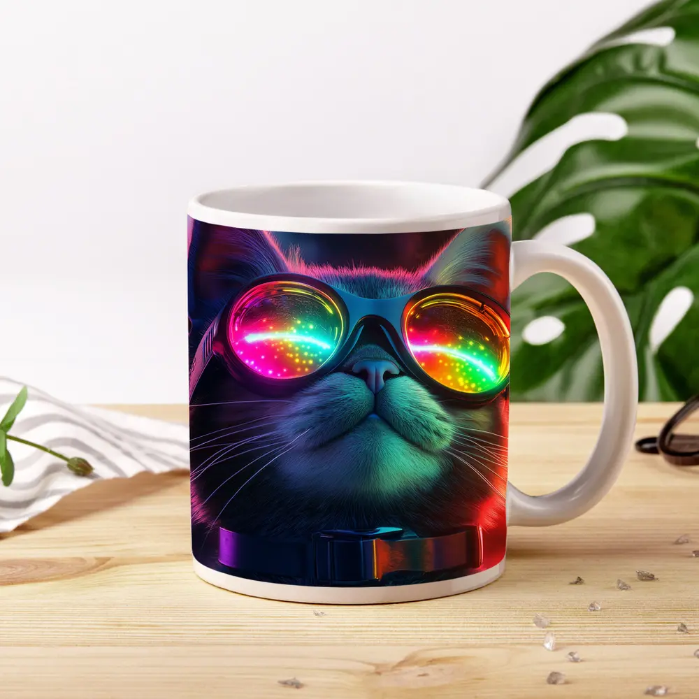 Cool Cat Neon Glasses Cyberpunk Night – Mugs