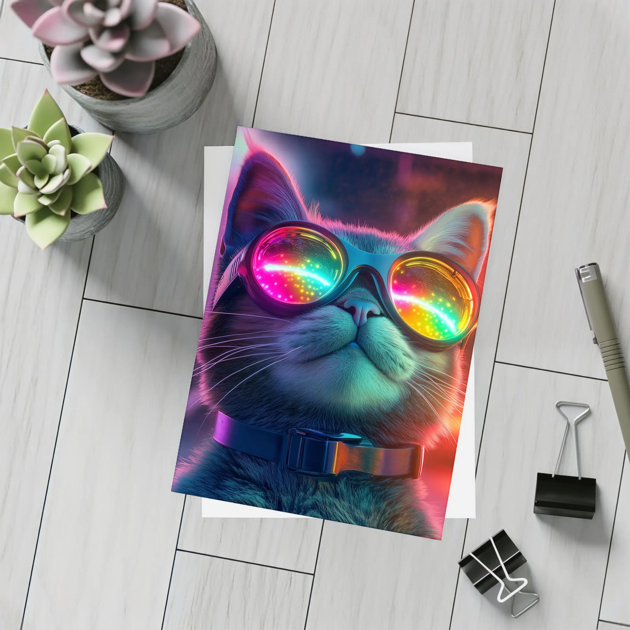 Cool Cat Neon Glasses Cyberpunk Night – Postcards
