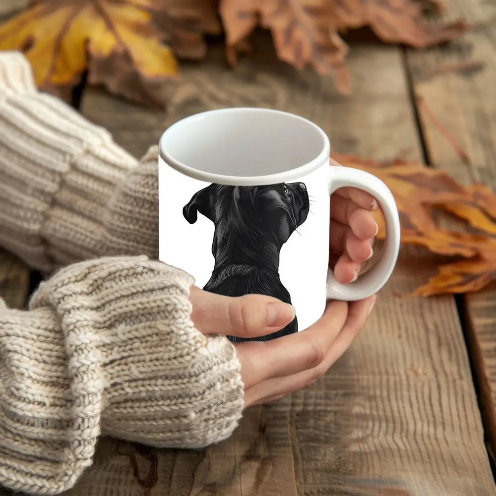 Black Labrador Dog Looking Up White Background – Mugs