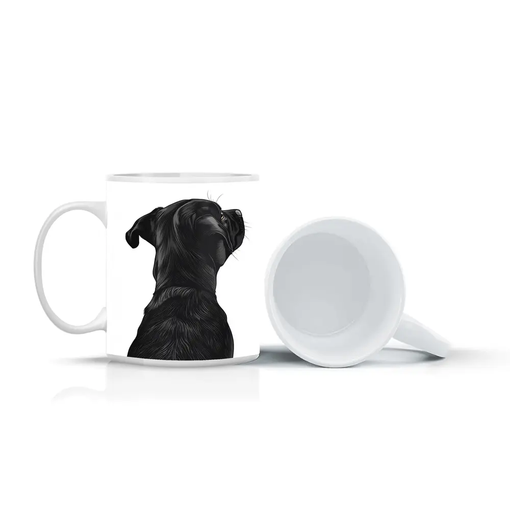 Black Labrador Dog Looking Up White Background – Mugs