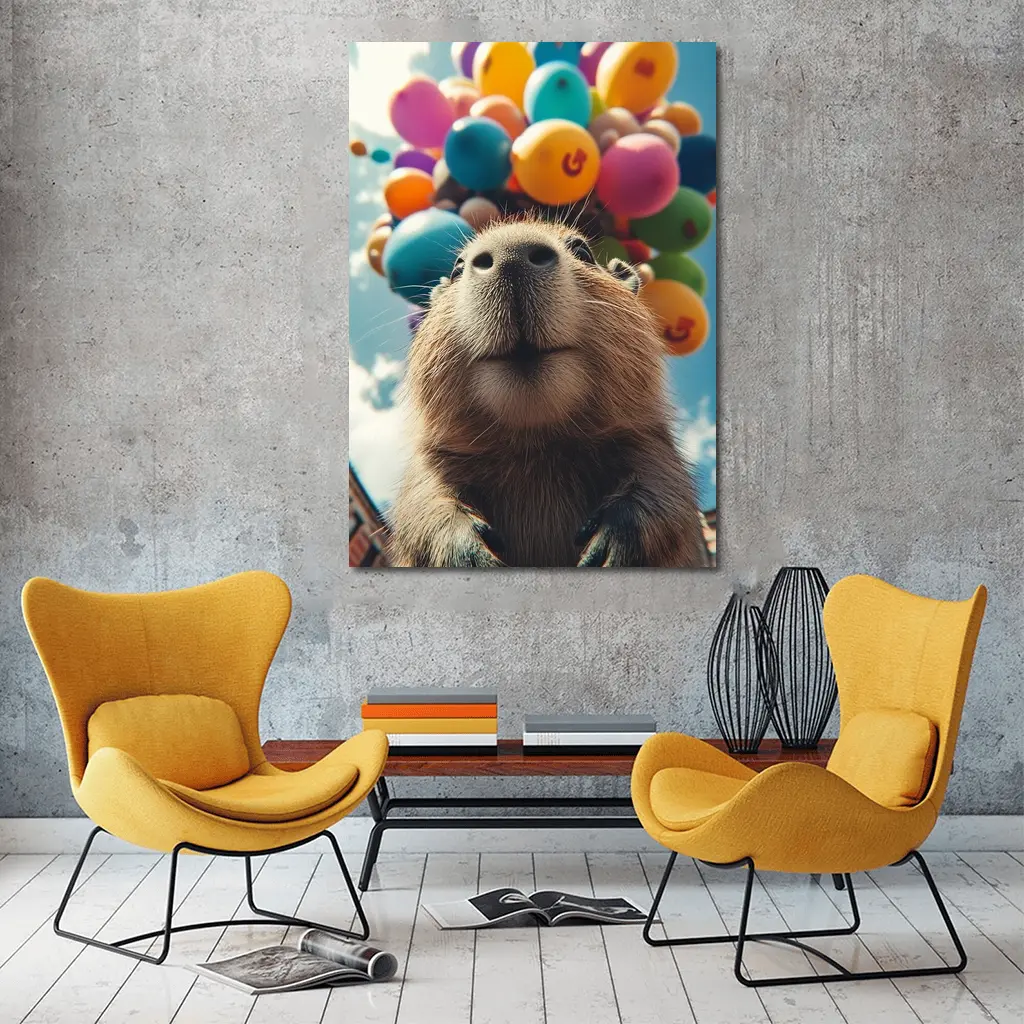 Capybara With Colorful Balloons Blue Sky – Wall Art