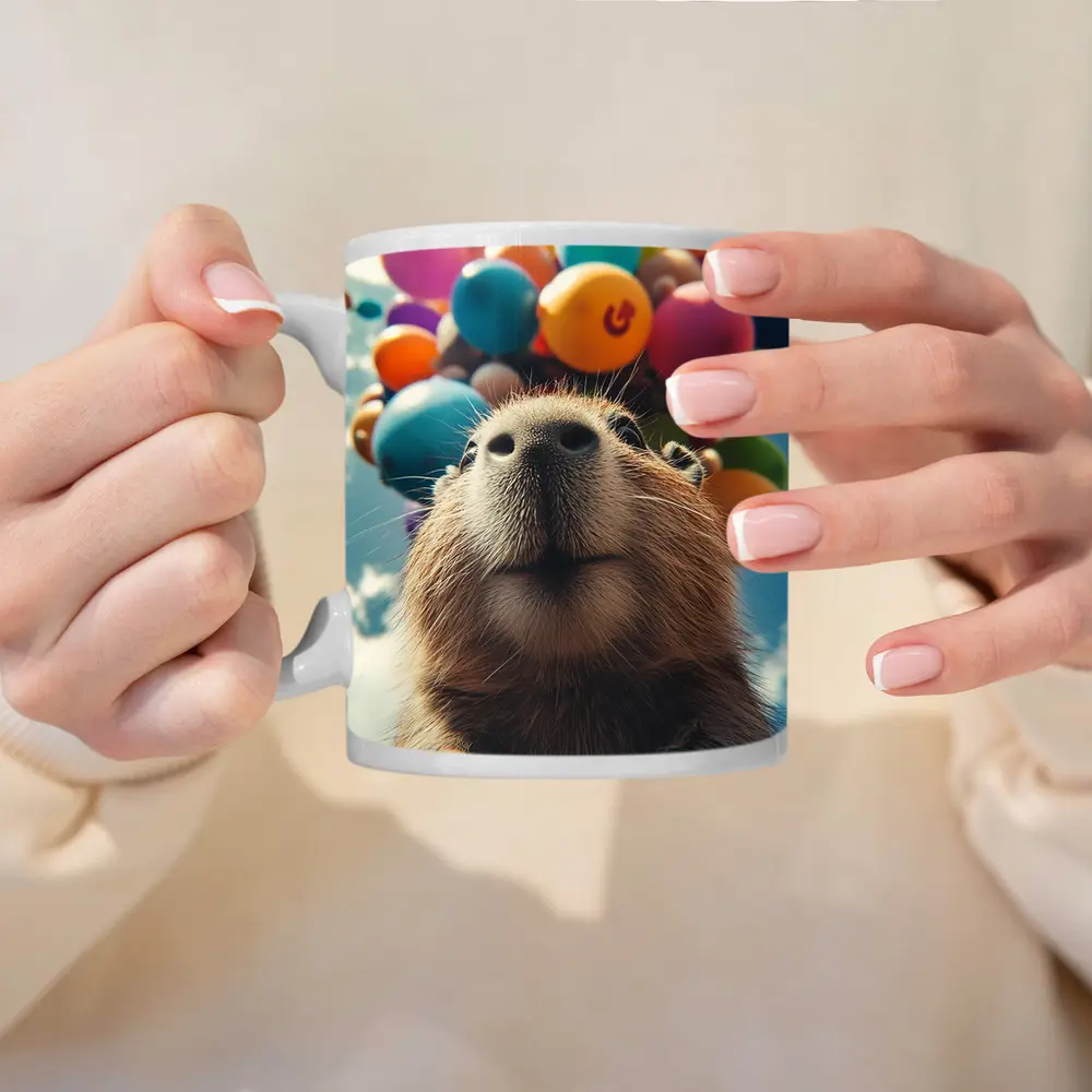 Capybara With Colorful Balloons Blue Sky – Mugs