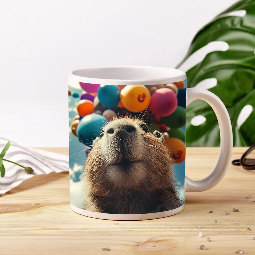 Capybara With Colorful Balloons Blue Sky – Mugs