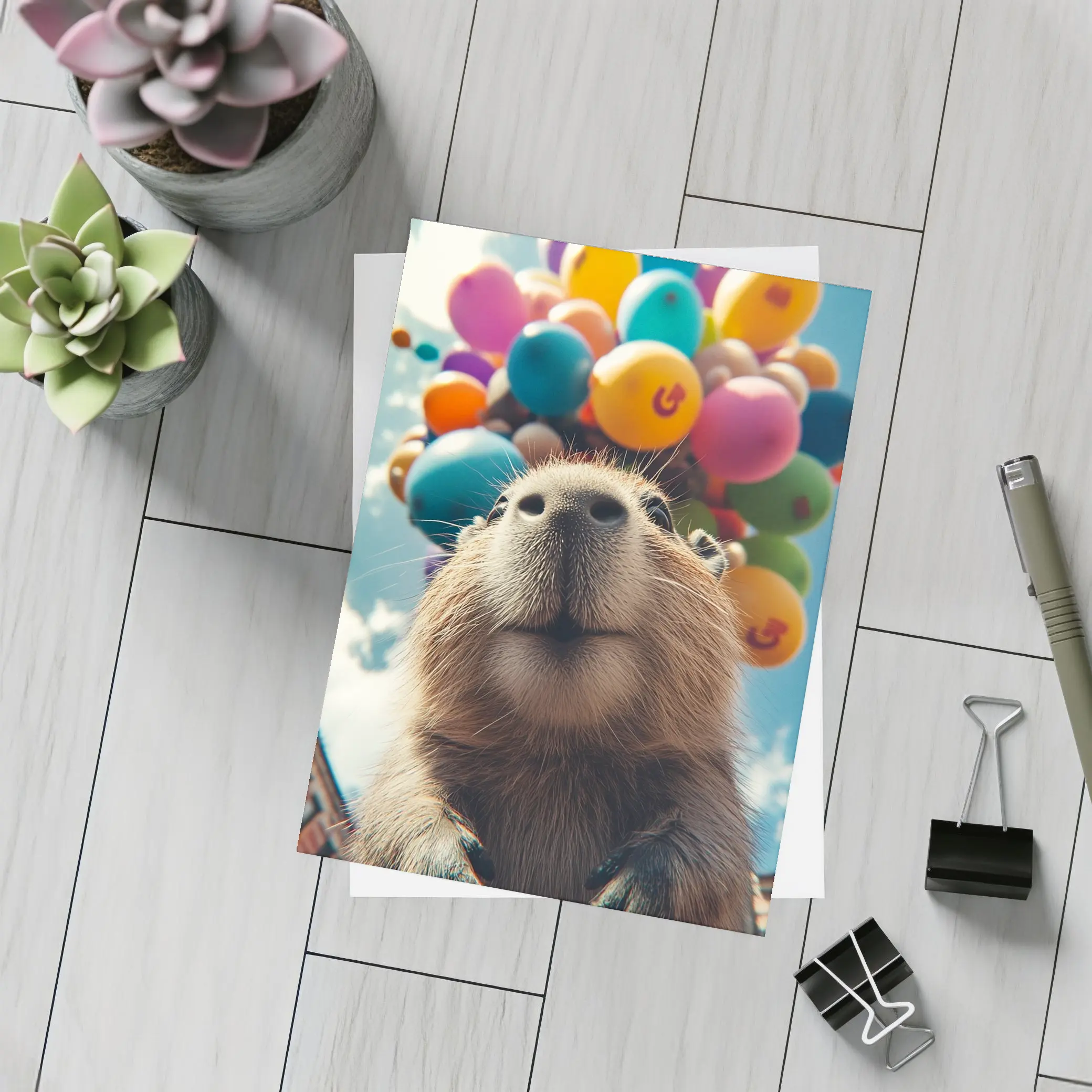 Capybara With Colorful Balloons Blue Sky – Postcards