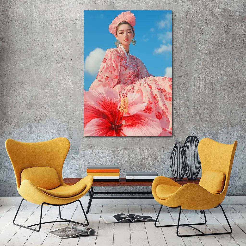 Korean Woman Hanbok Hibiscus Blue Sky – Wall Art