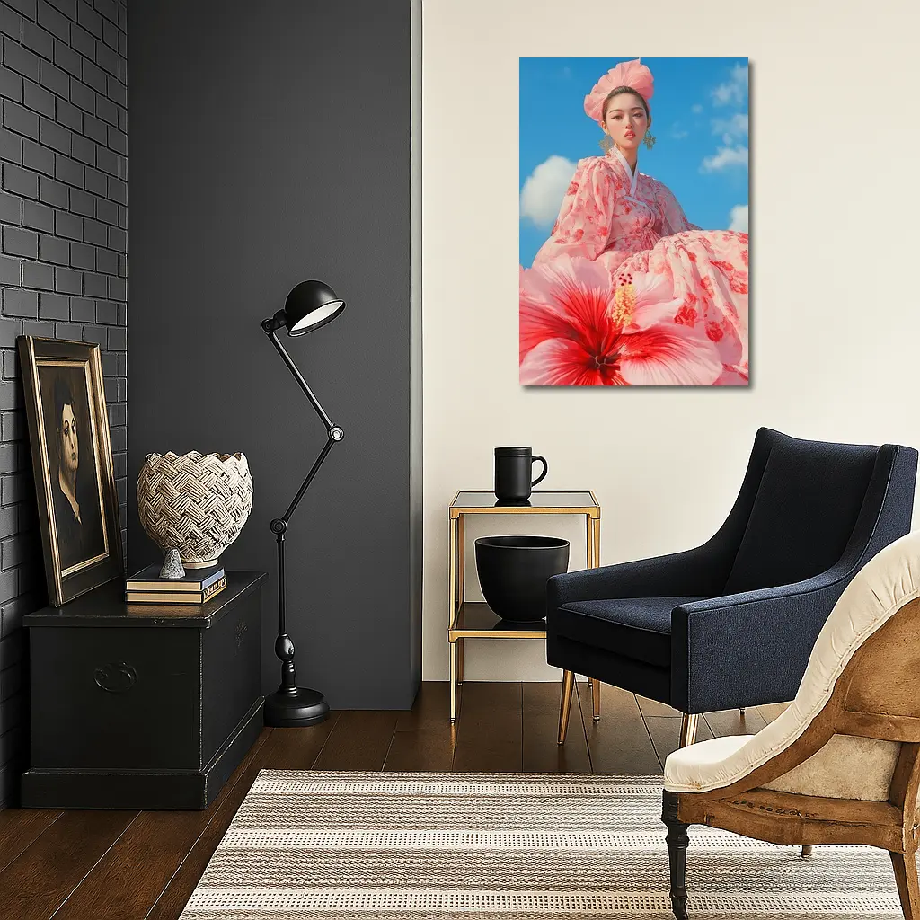 Korean Woman Hanbok Hibiscus Blue Sky – Wall Art