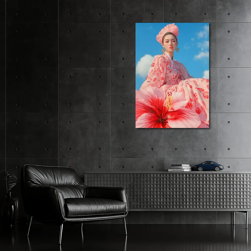 Korean Woman Hanbok Hibiscus Blue Sky – Wall Art