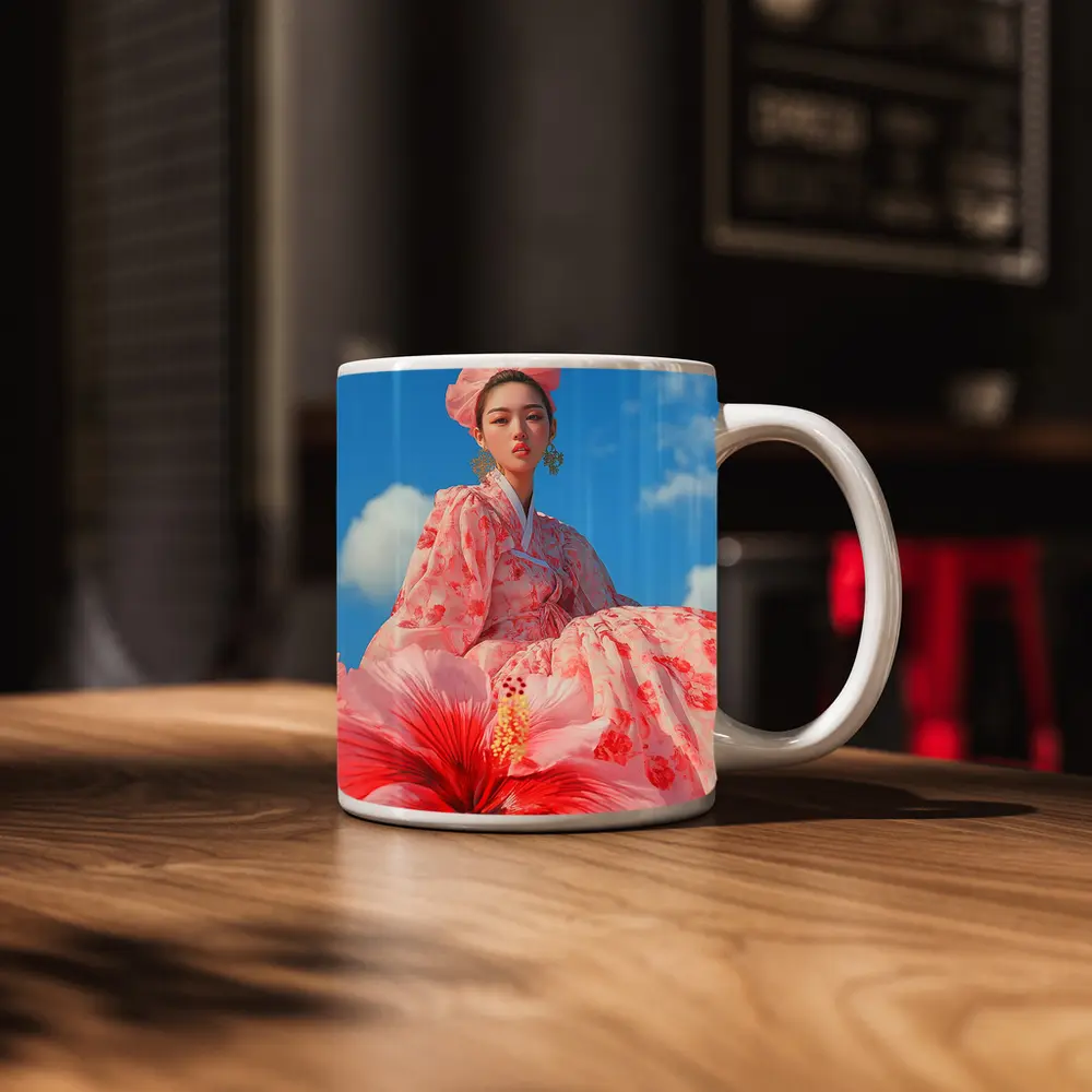 Korean Woman Hanbok Hibiscus Blue Sky – Mugs