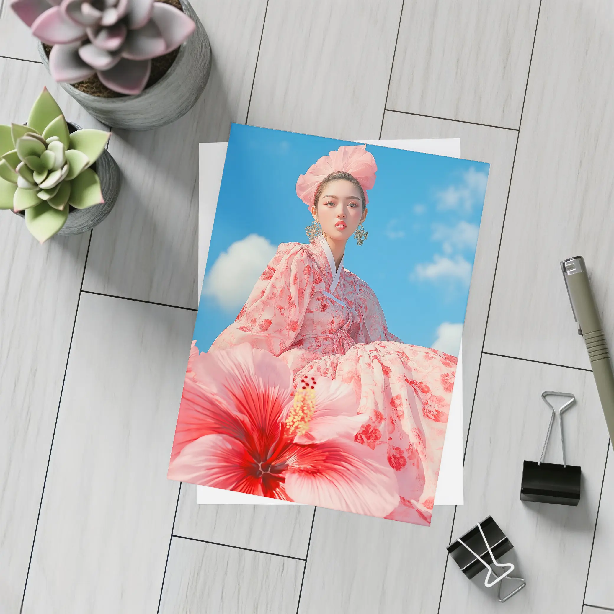 Korean Woman Hanbok Hibiscus Blue Sky – Postcards