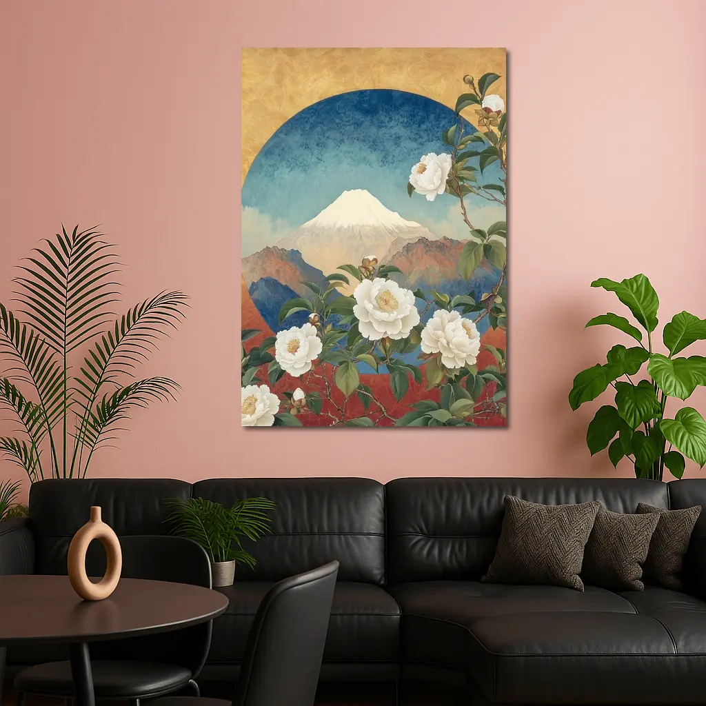 White Camellia Flowers Mount Fuji Japanese Art – Wall Art