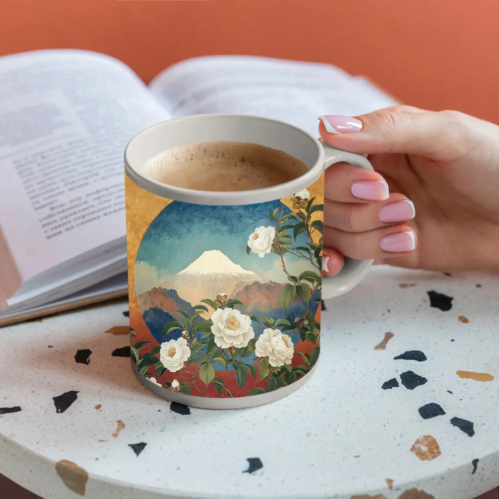 White Camellia Flowers Mount Fuji Japanese Art – Mugs