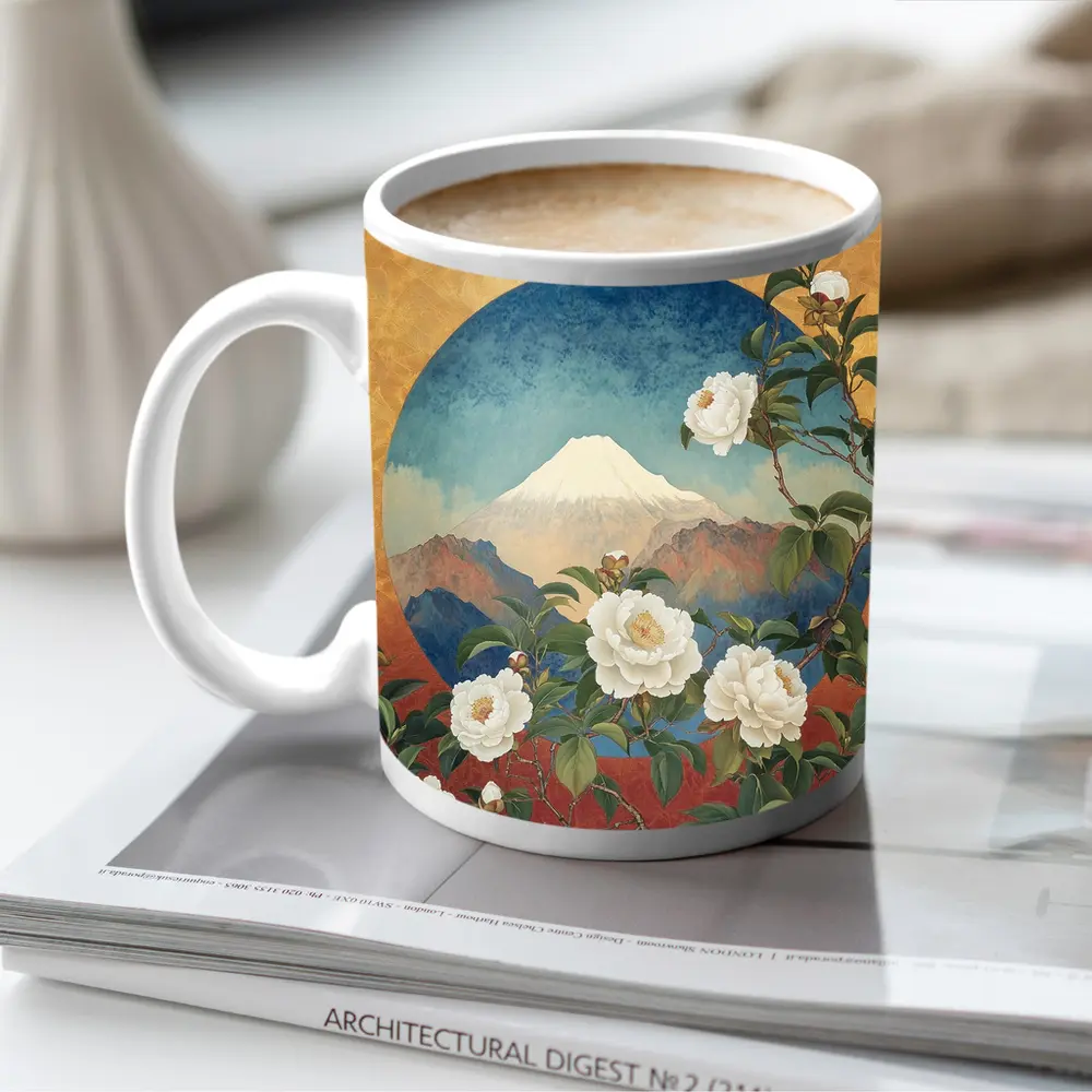 White Camellia Flowers Mount Fuji Japanese Art – Mugs