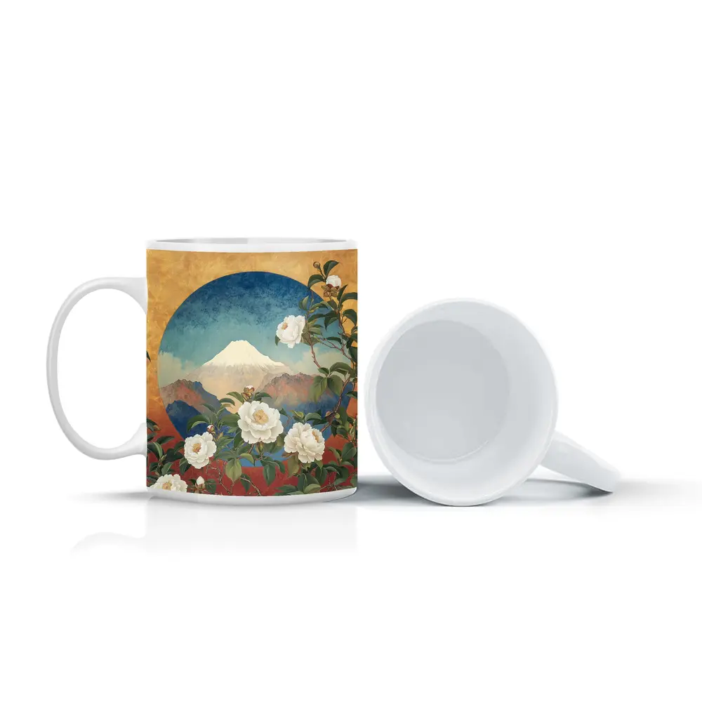 White Camellia Flowers Mount Fuji Japanese Art – Mugs