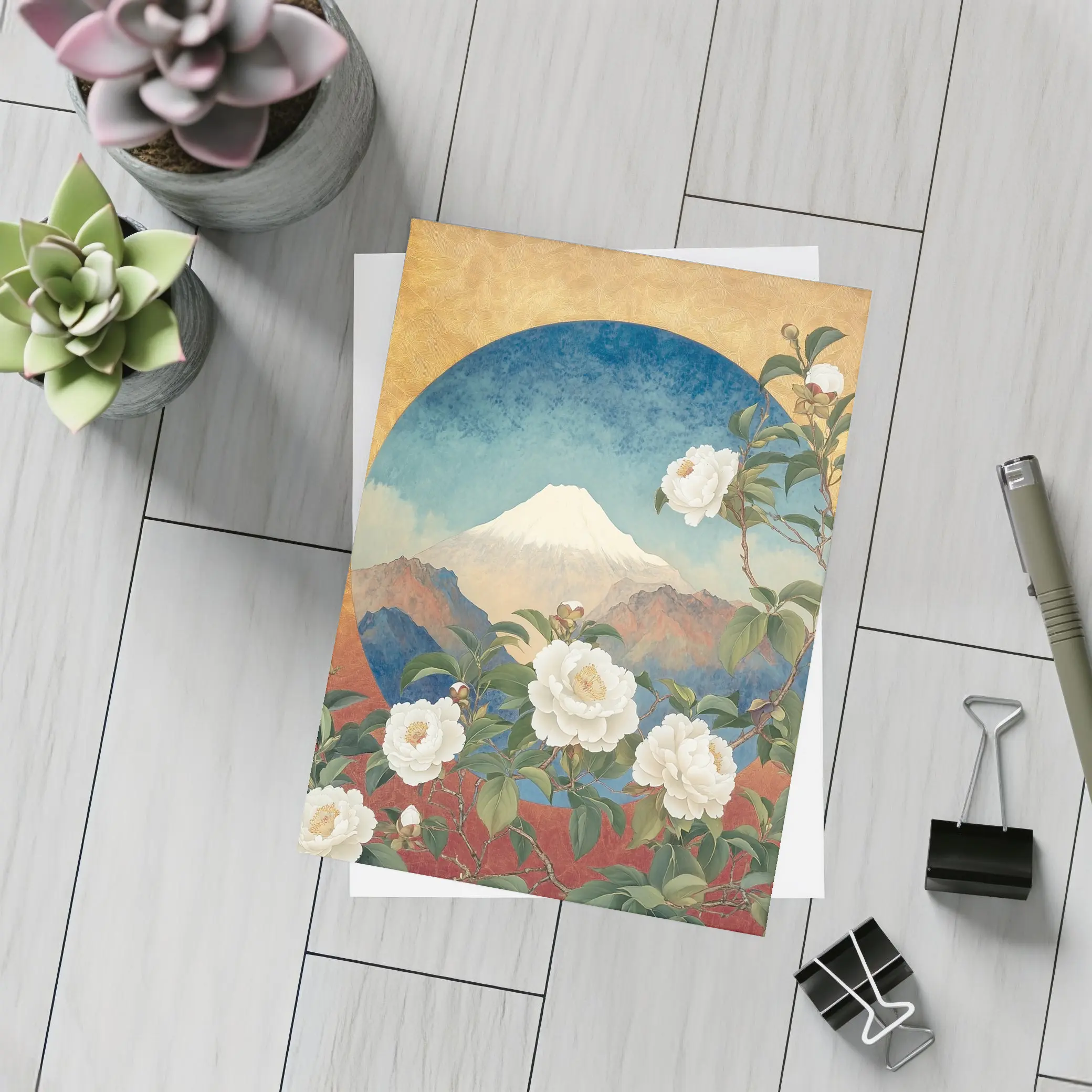 White Camellia Flowers Mount Fuji Japanese Art – Postcards